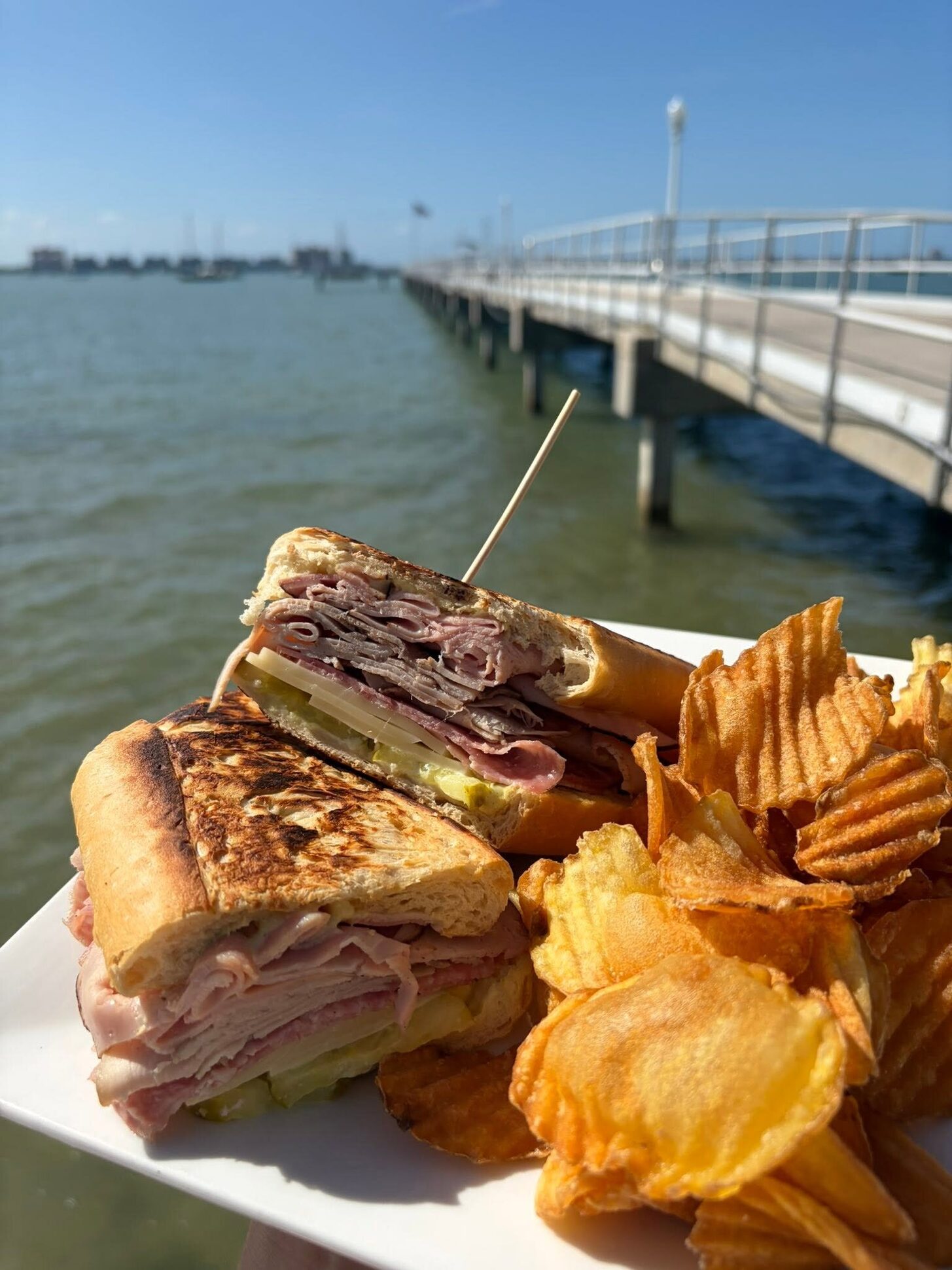A pressed sandwich and chips on the pier