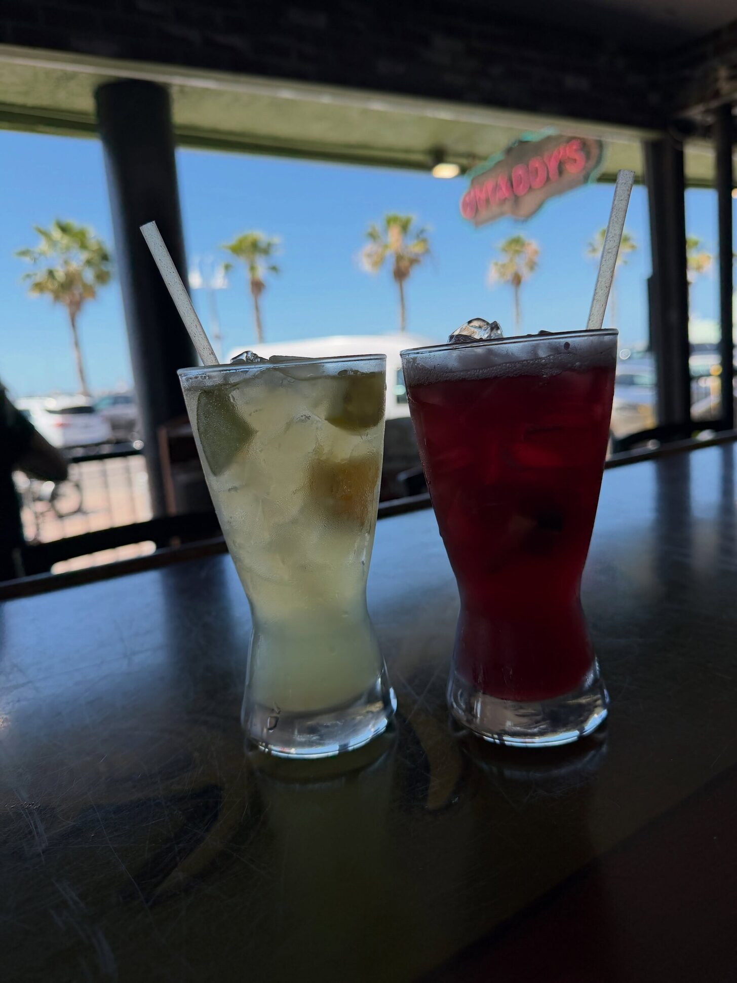 Drinks on O'Maddy's downstairs bar rail looking out at palms and the bay