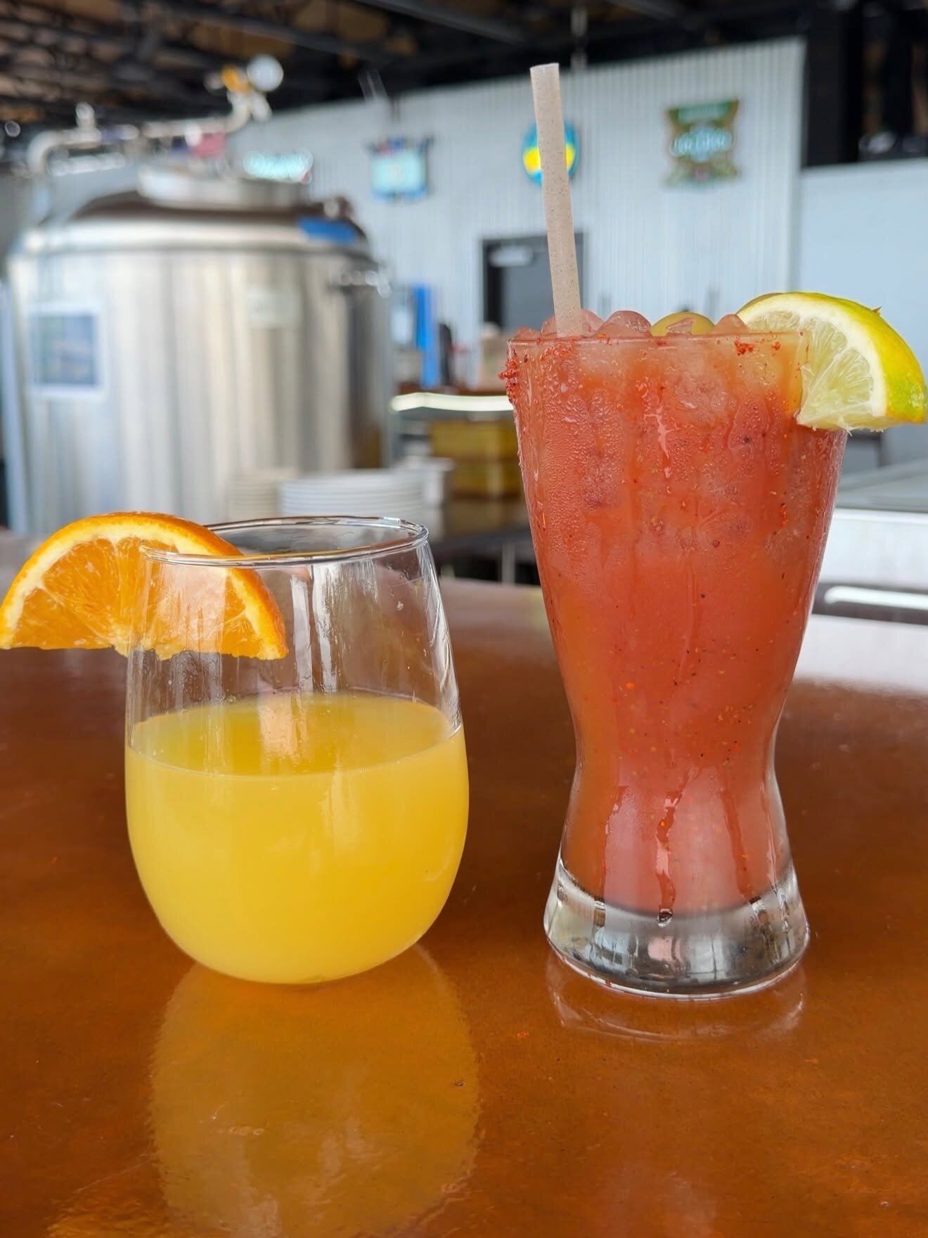 A mimosa and a bloody mary on O'Maddy's bar