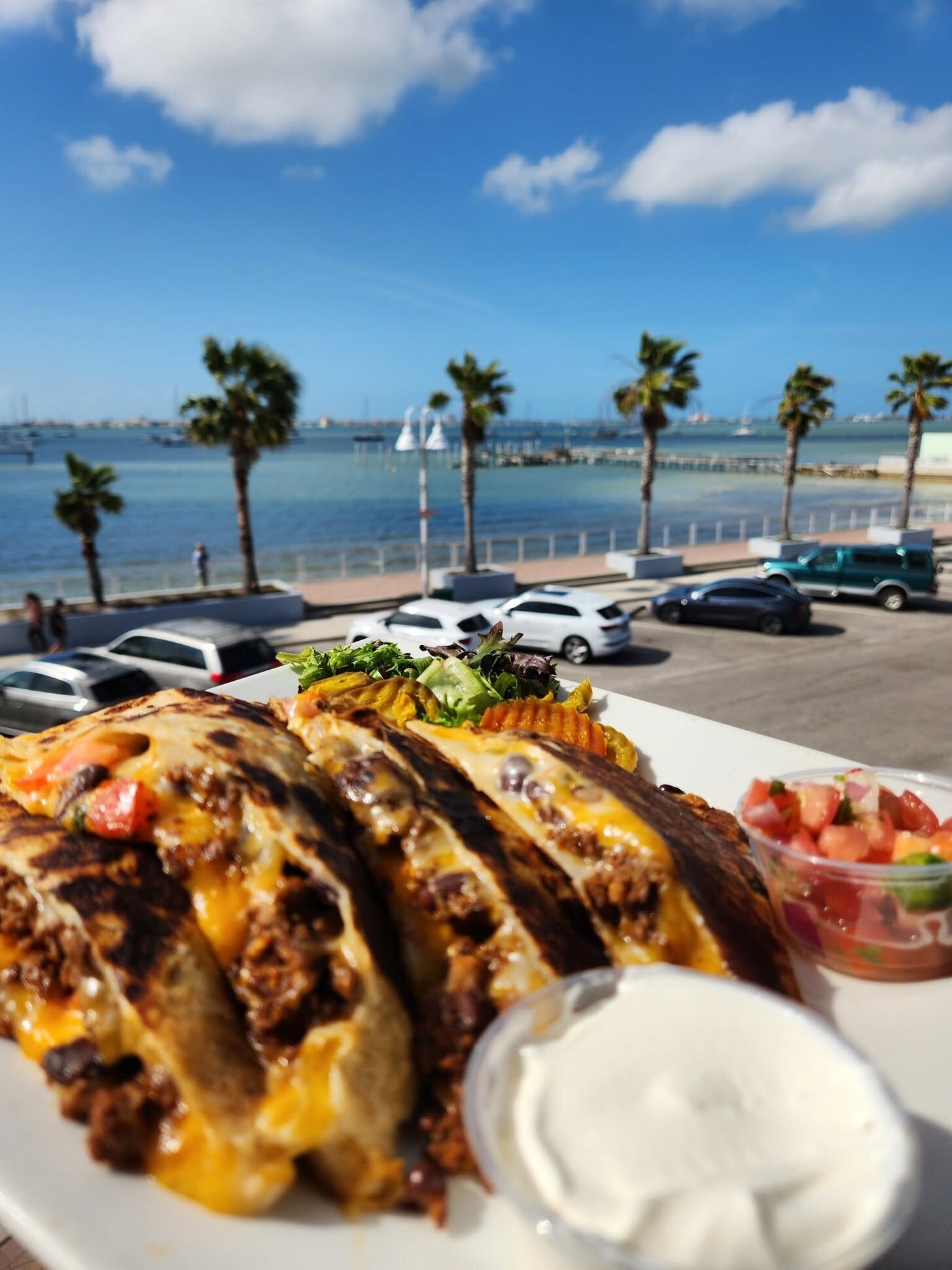 Tacos at O’Maddy’s with Shore Blvd, palms and the bay behind