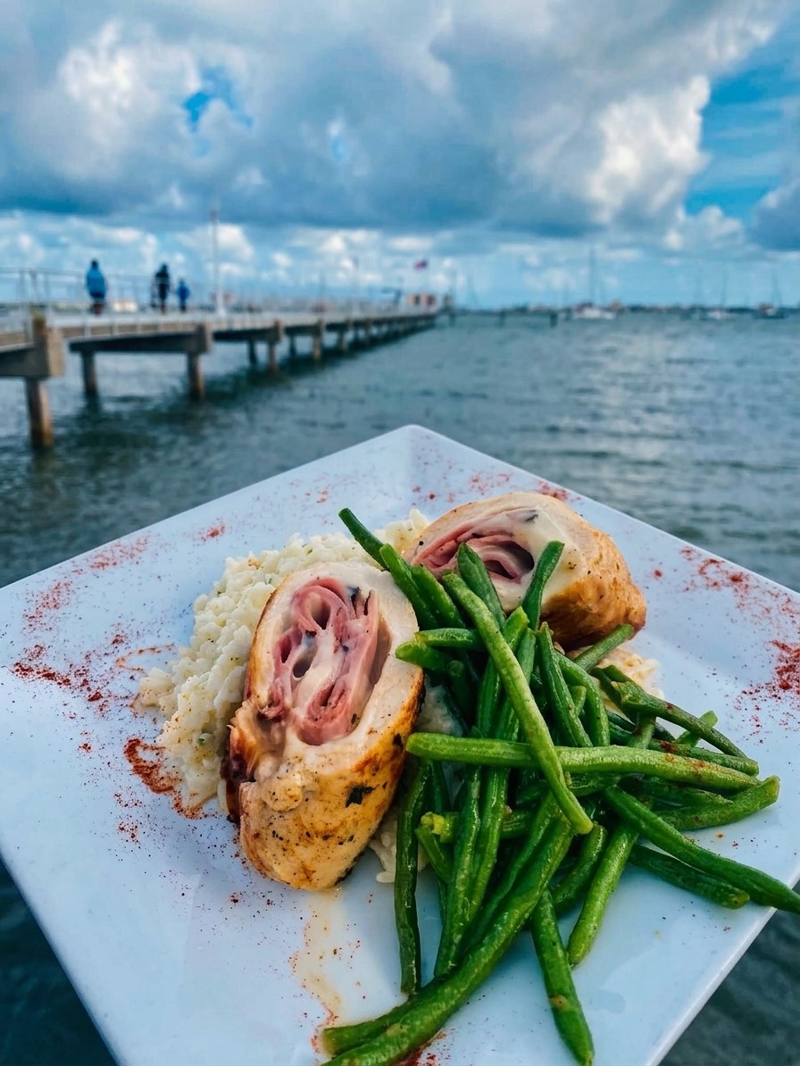 A plate on O'Maddy's deck with the Gulfport pier and bay behind