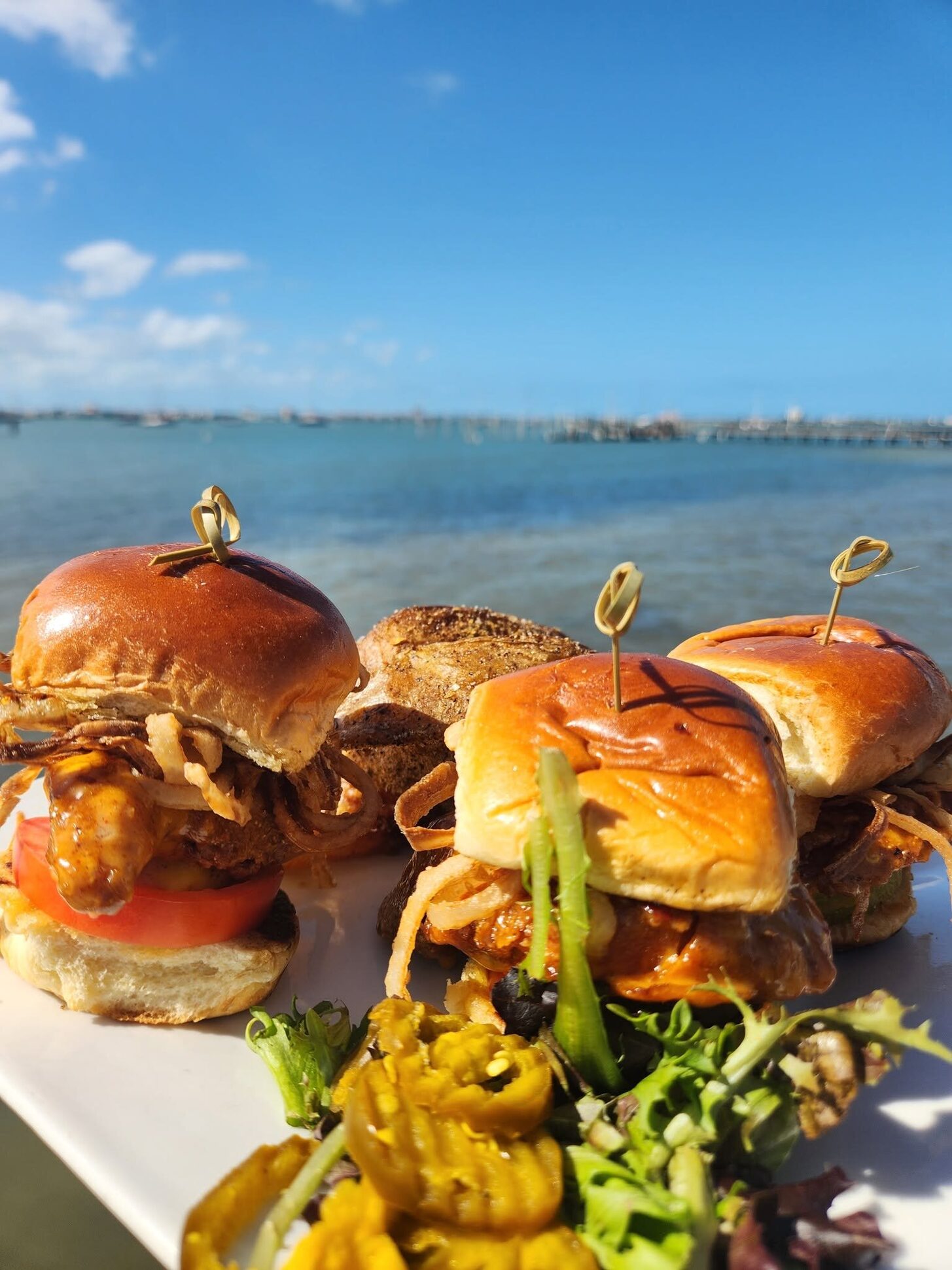 Sliders at O'Maddy's with the bay and marina behind