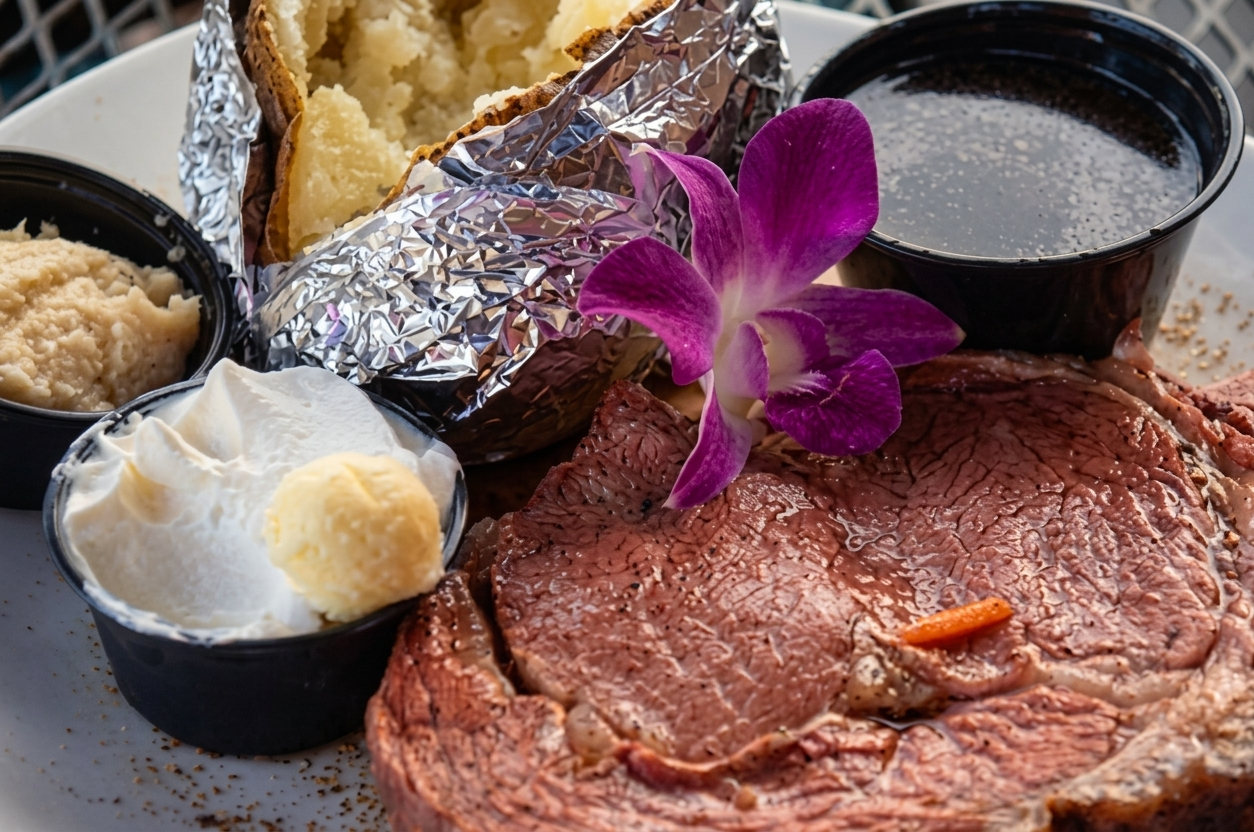 Seared filet plated with a foil-wrapped baked potato, butter, horseradish and an orchid garnish