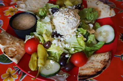 Greek-style salad plate with pita at O'Maddy's