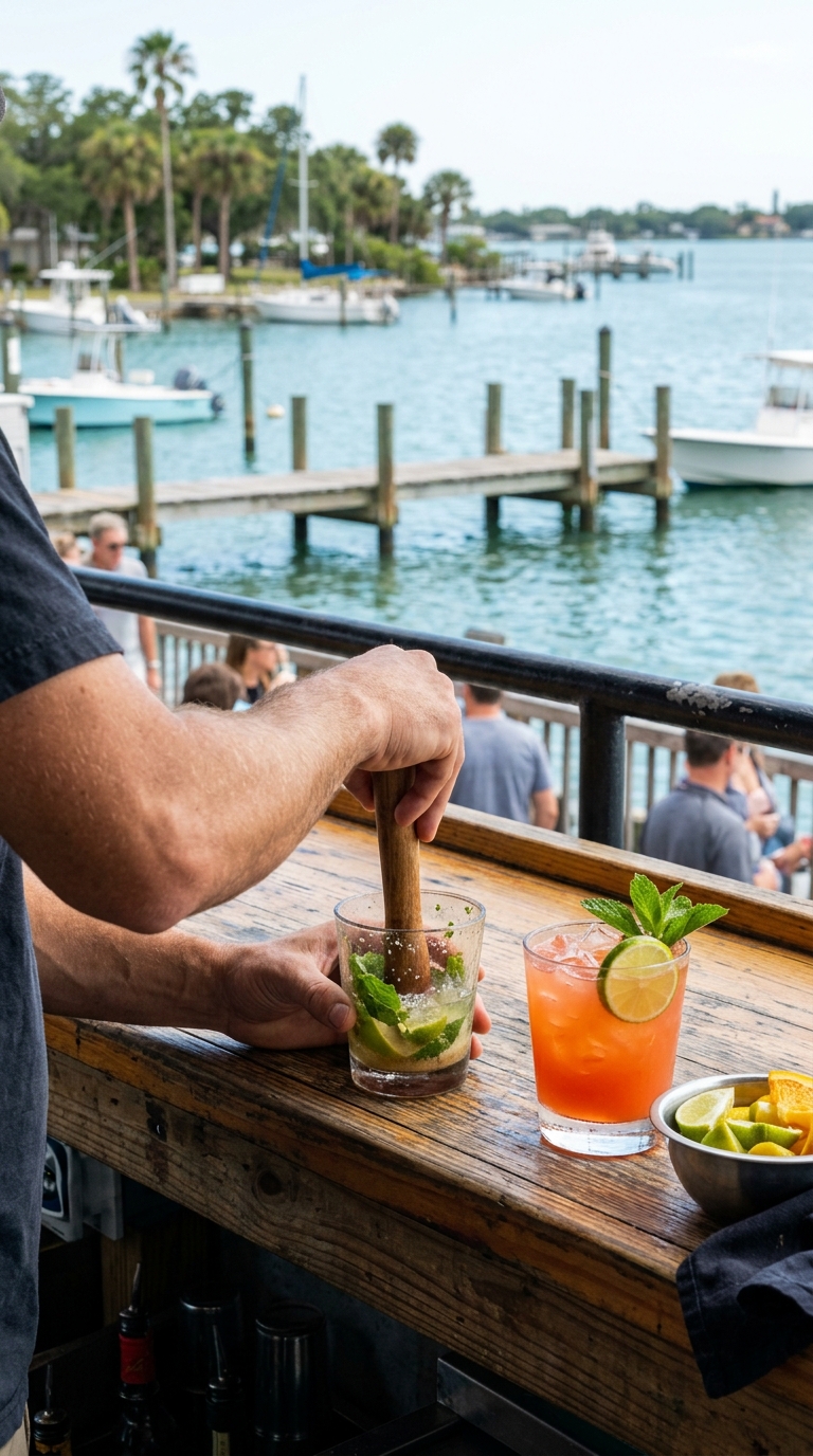 A bartender muddling a cocktail at an outdoor waterfront bar