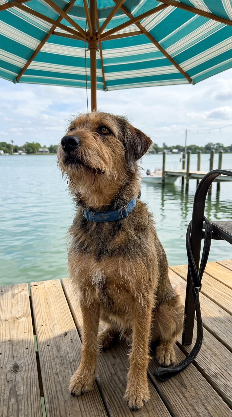 A dog sitting on sun-warm deck boards by the water