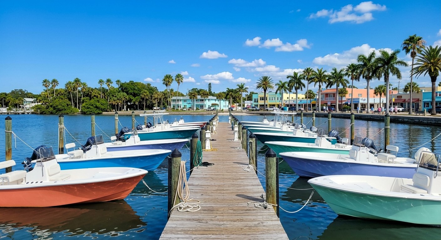 Small boats tied up at a dock on a calm bay