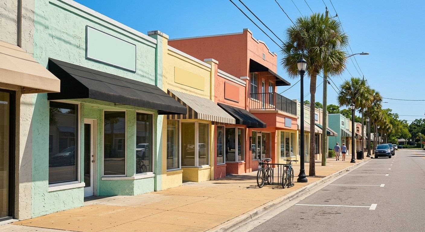 A small-town Gulf Coast street of pastel storefronts and palms