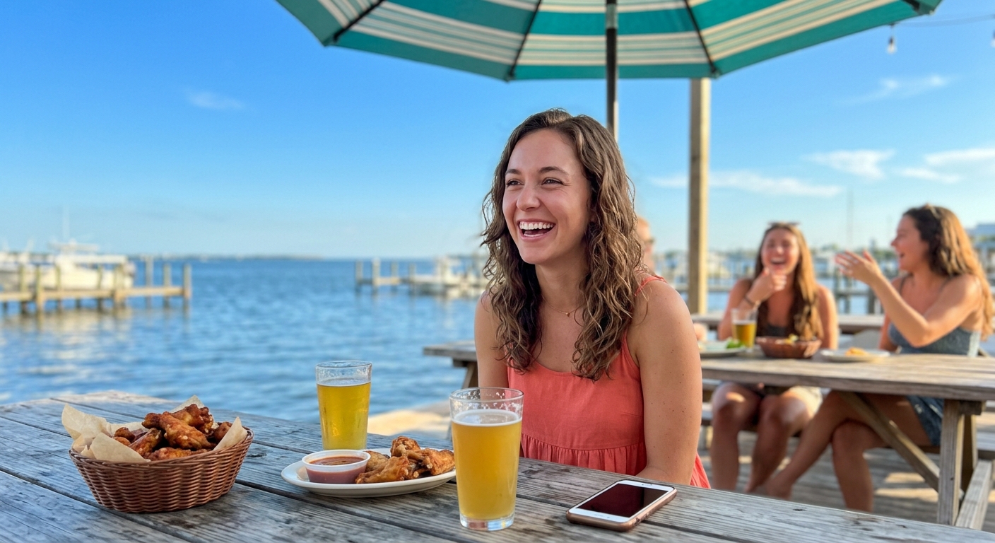 A friend laughing at a waterfront patio table with beers and wings