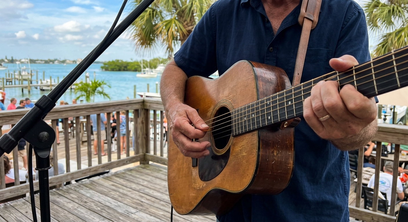 A guitarist’s hands mid-strum on an acoustic guitar