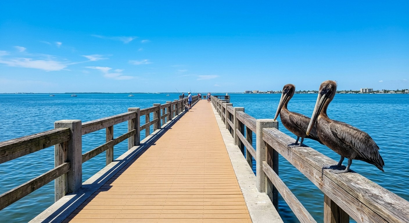 A long fishing pier reaching into a calm blue bay, pelicans on the railing