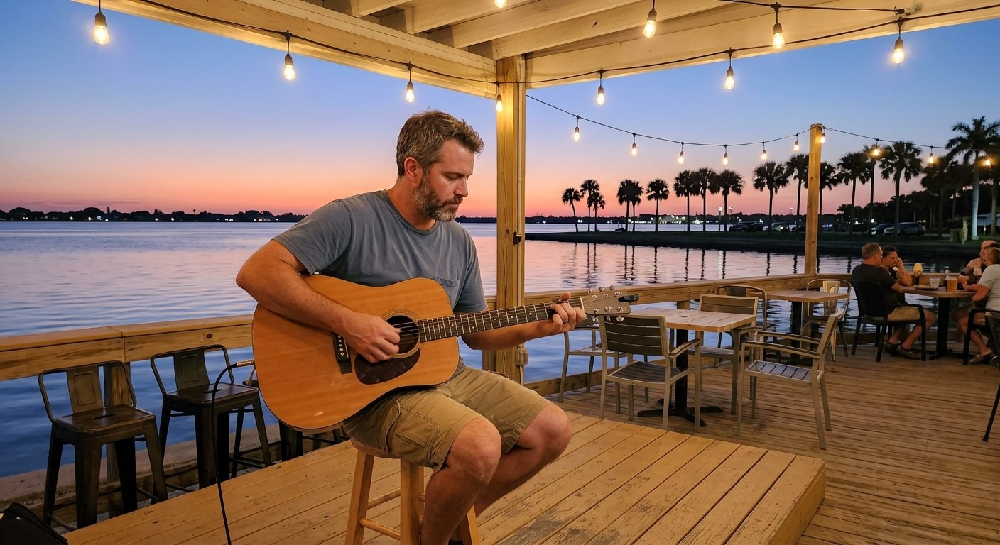 An acoustic guitarist playing on an open-air deck stage at dusk by the water