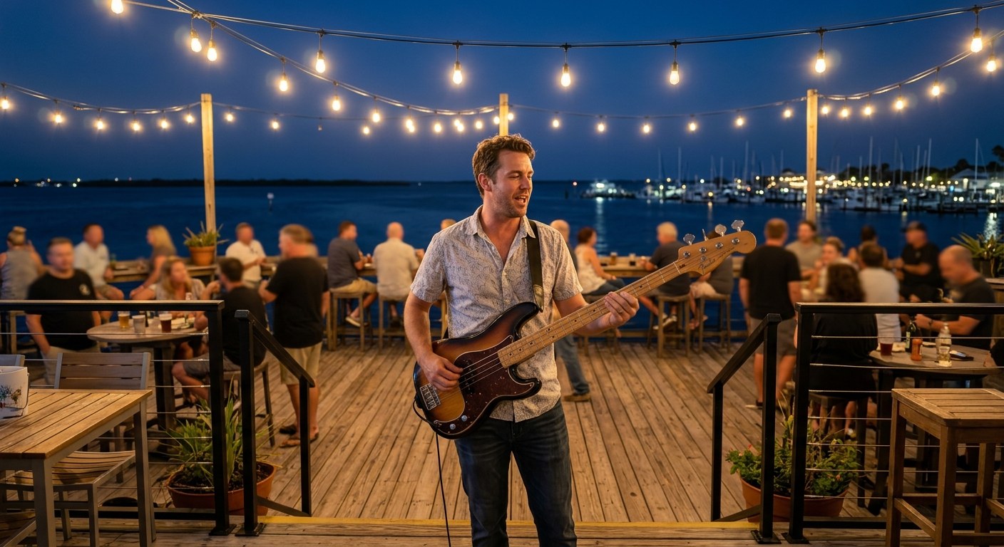 A bass player under string lights on an open-air deck at night