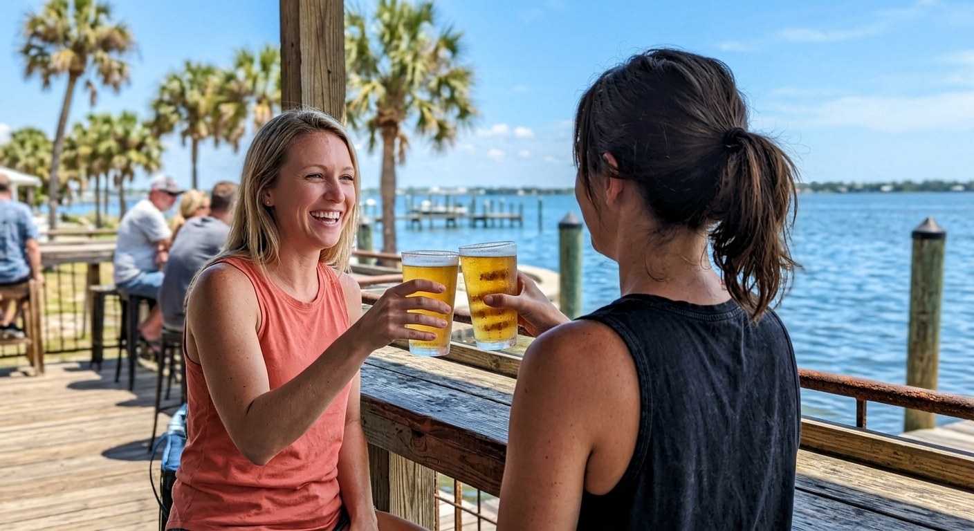 Two friends clinking beer glasses at a waterfront bar rail