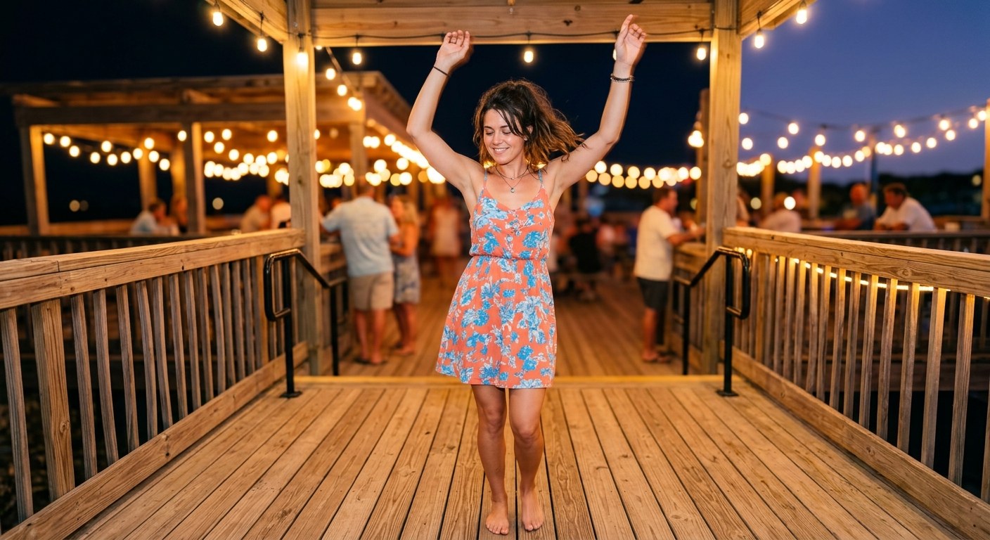 A woman dancing under string lights at night