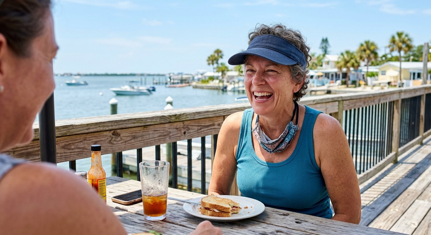 A woman laughing at a sunny deck table