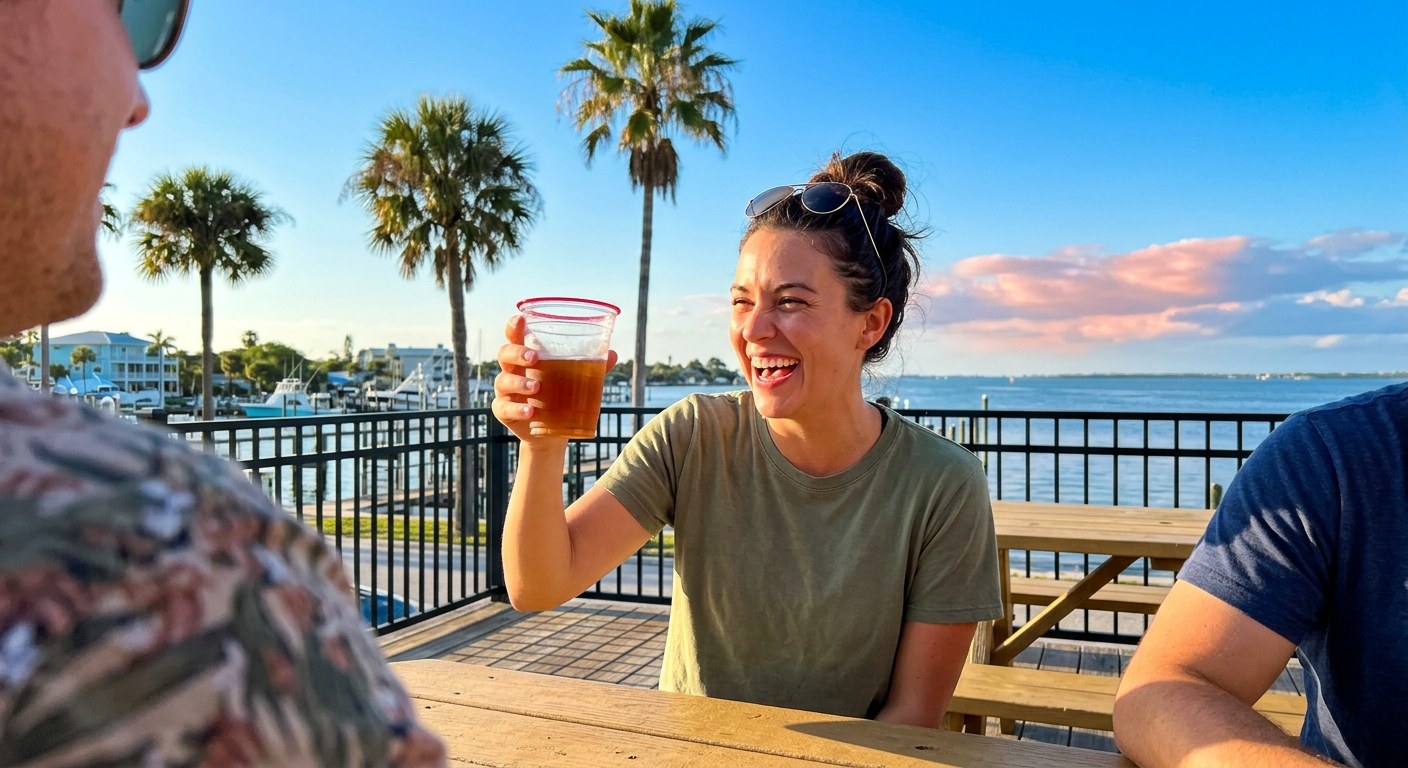 A young woman laughing and raising a cup at a sunny deck table