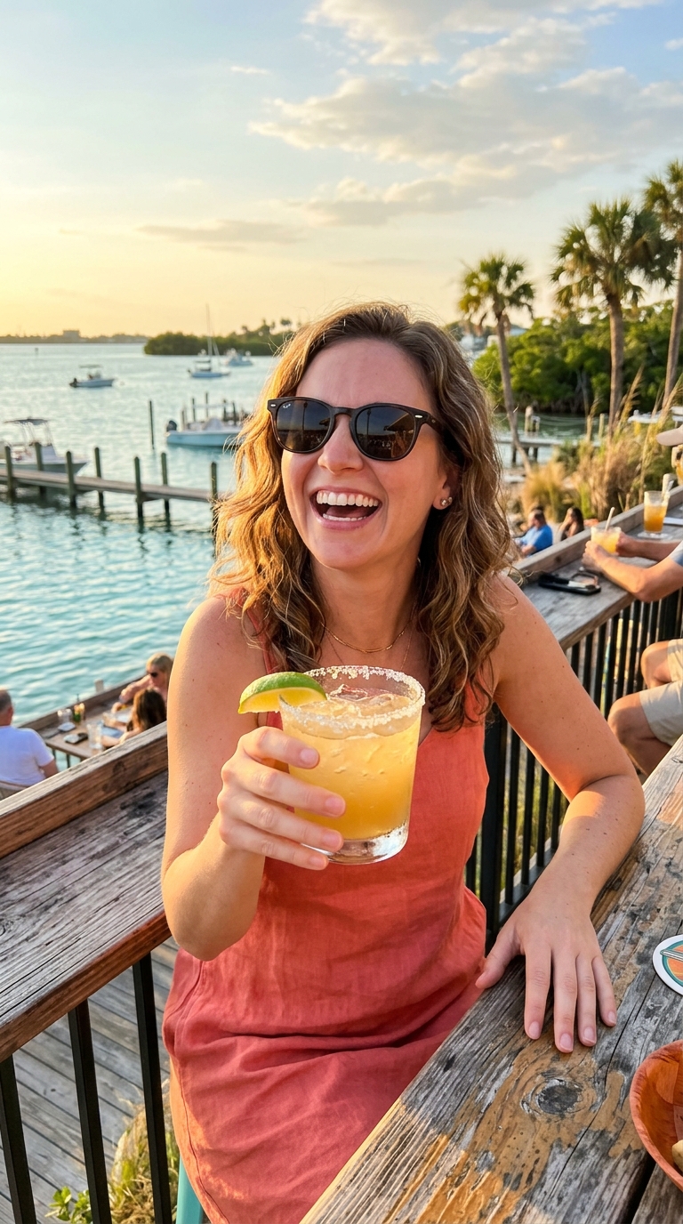 A woman laughing with a margarita at a waterfront railing