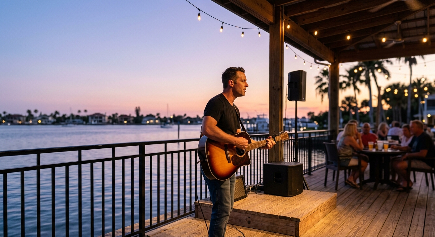 An acoustic guitarist playing on an open-air waterfront deck at dusk