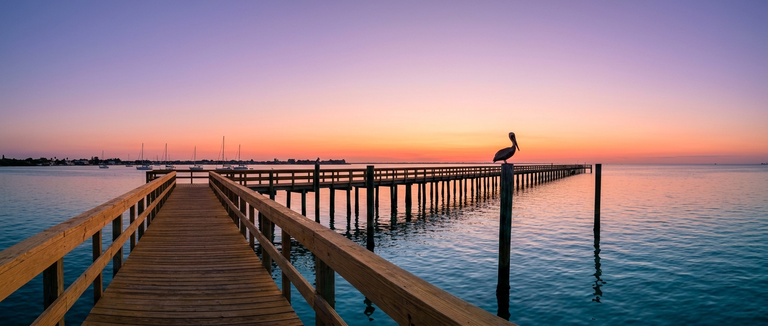A fishing pier stretching into a calm bay at dusk