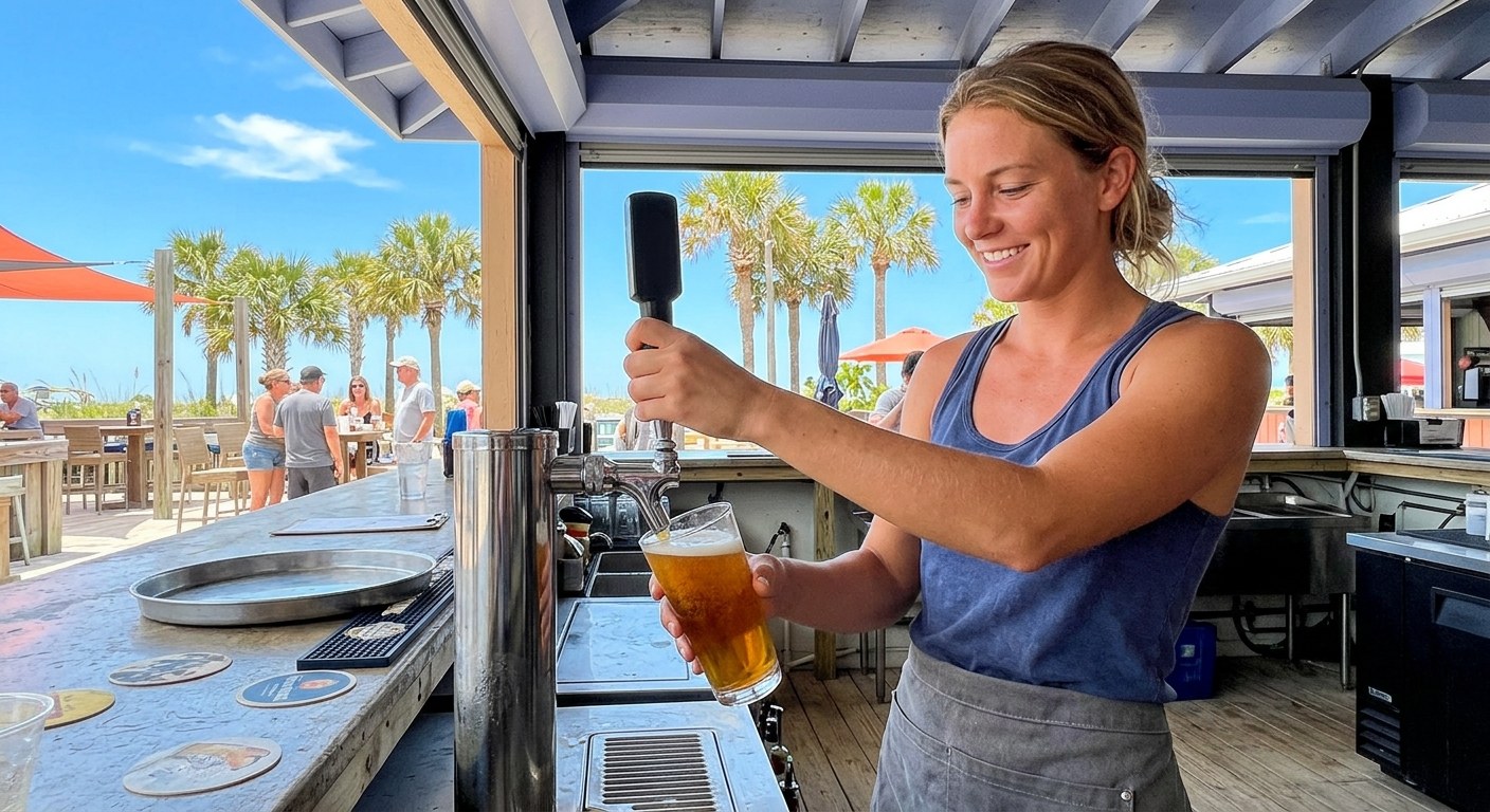 A bartender pulling a draft beer at an open-air bar