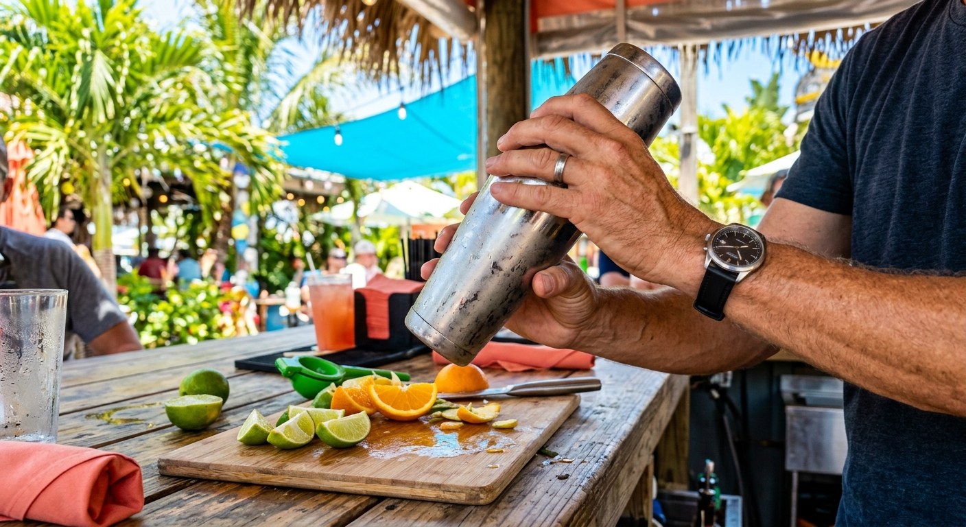 A bartender's hands shaking a cocktail