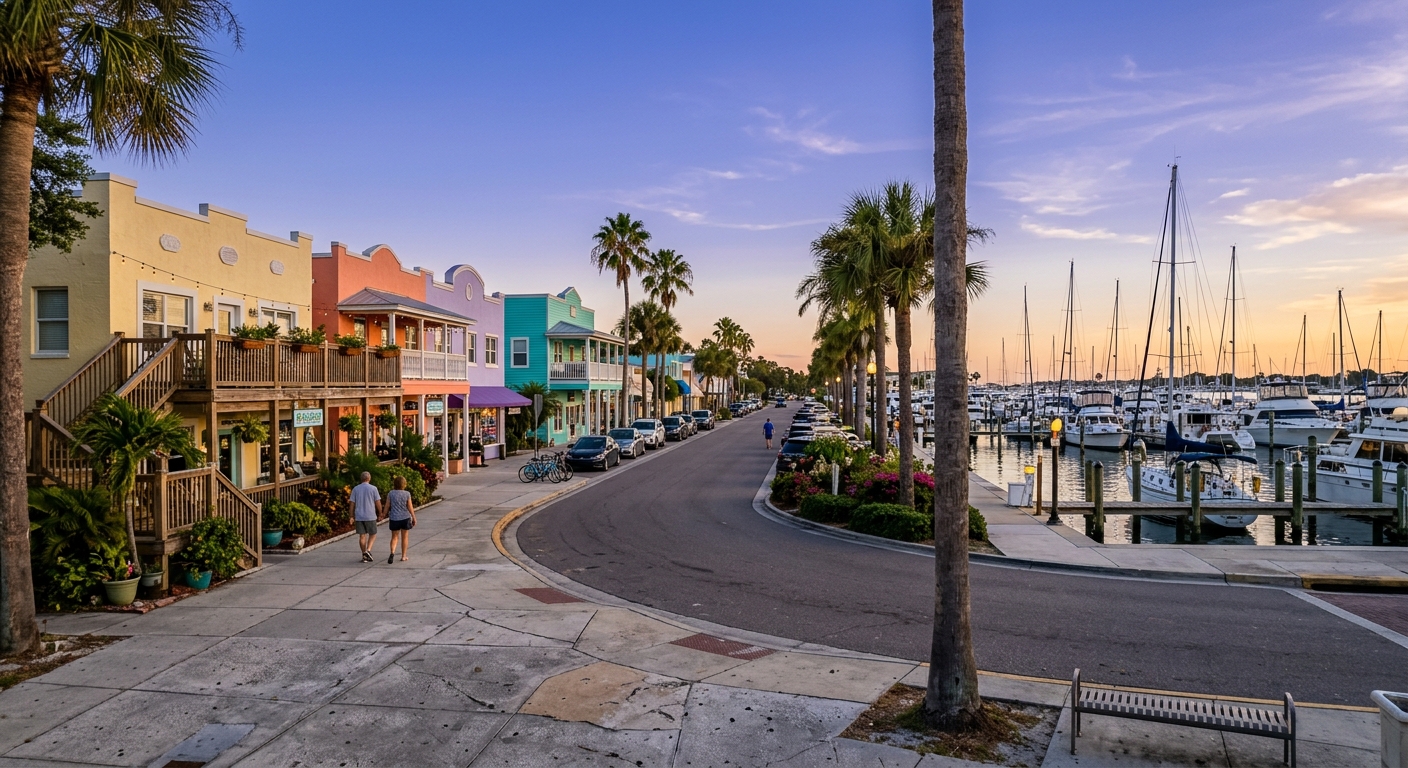 A Gulf Coast waterfront street of low two-story buildings at golden hour