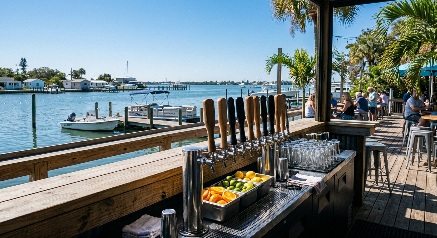 A row of craft beer taps on an outdoor bar rail