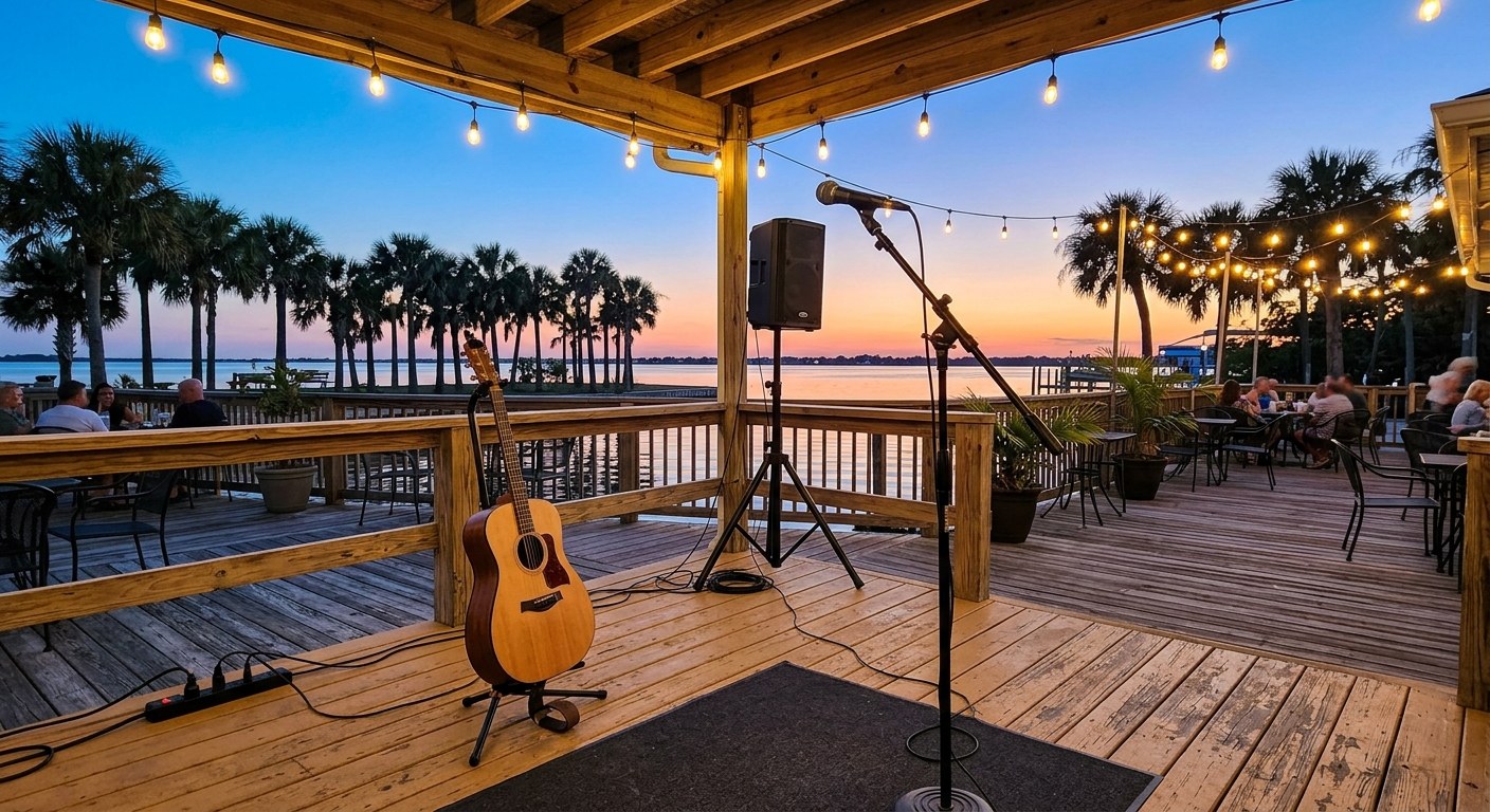 A guitar, mic stand and small speaker set up on an open-air deck stage at dusk