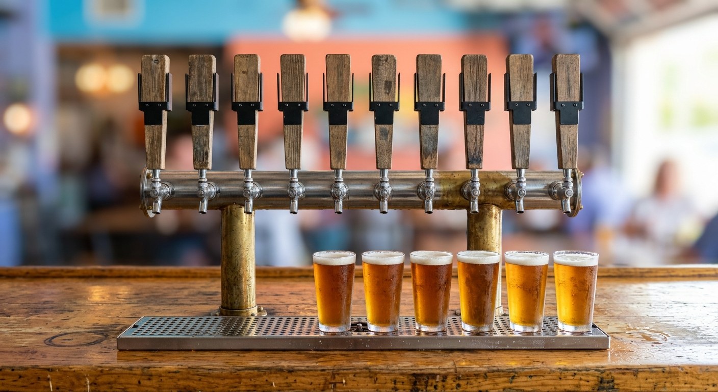 A row of tap handles above a wooden bar